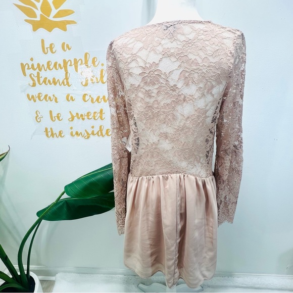 TOBI Blush Pink Nude Lace Scallop Plunge Chiffon Mini Dress Bell Sleeve … - Picture 14 of 16